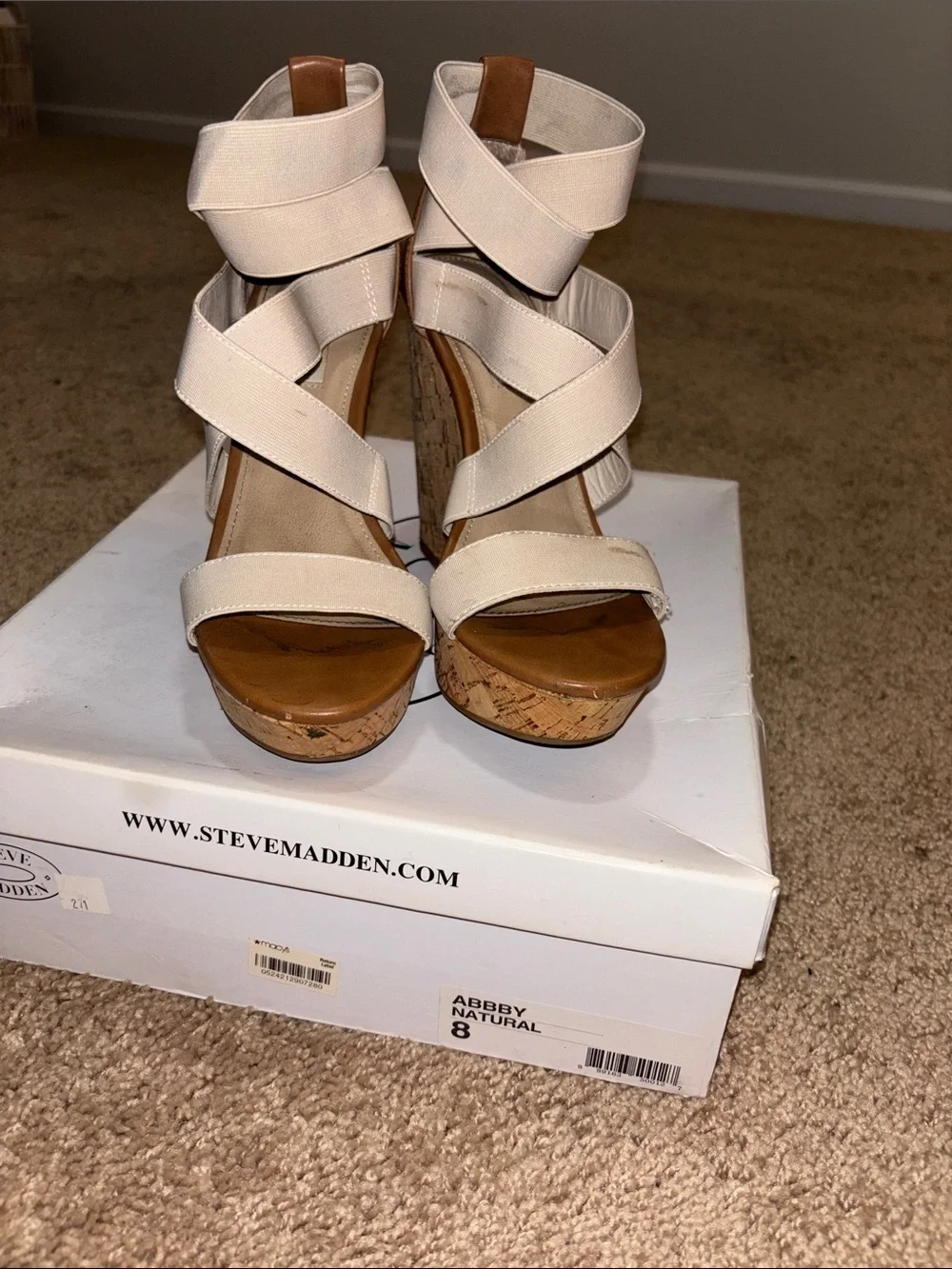Steve Madden Beige Elastic Strappy Cork Wedges